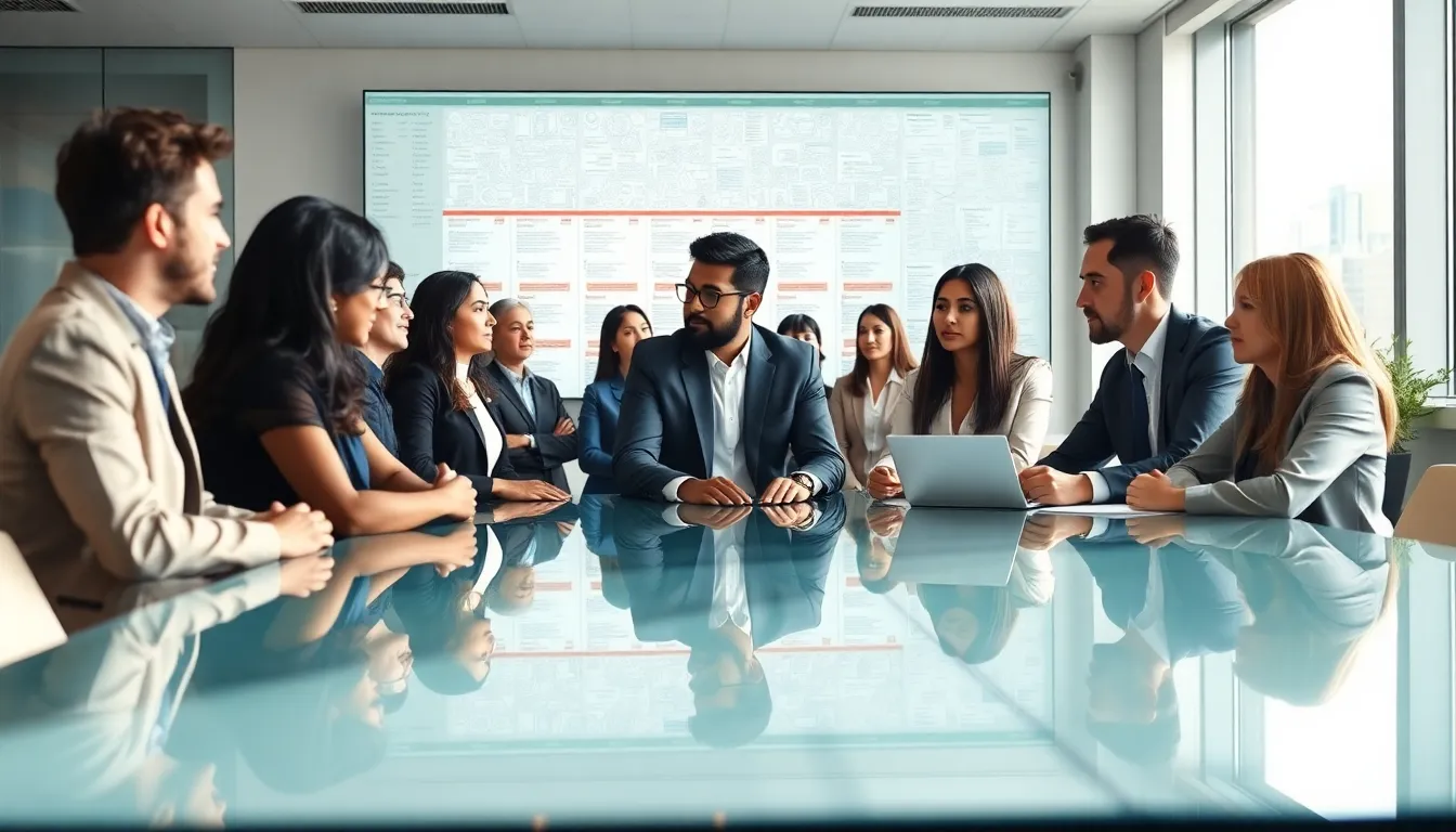 diverse team discussing project challenges in a modern office.