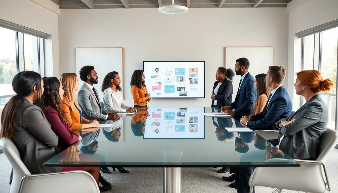 diverse team collaborating in a modern conference room.