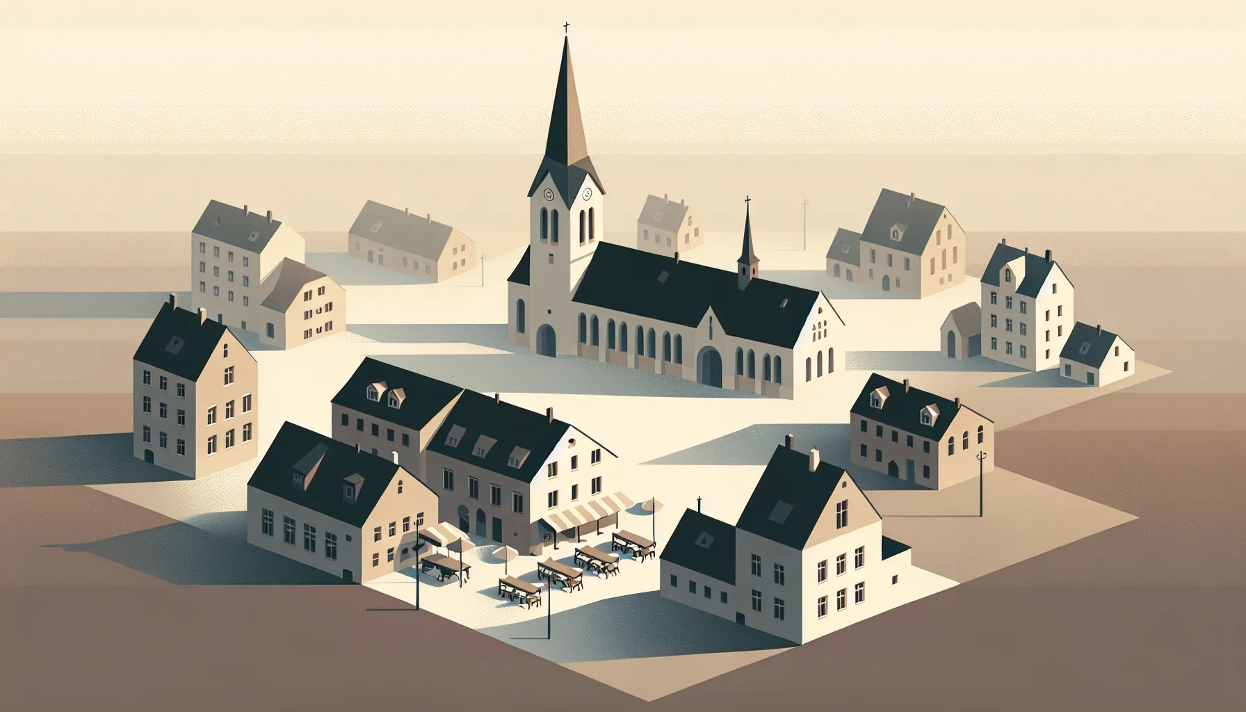 Minimal illustration of a small European town with church and square