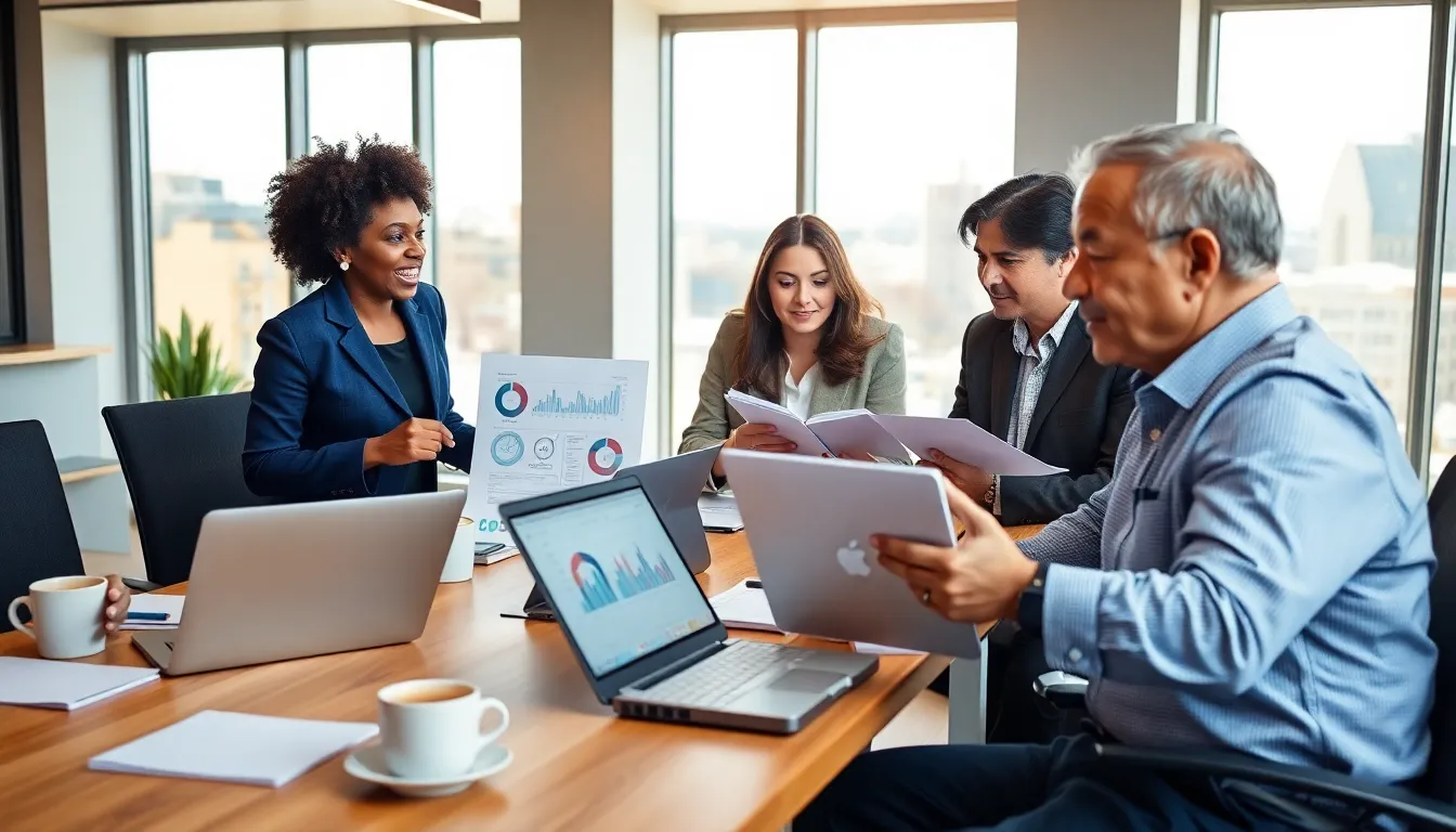 real estate professionals discussing market trends in a modern office setting.