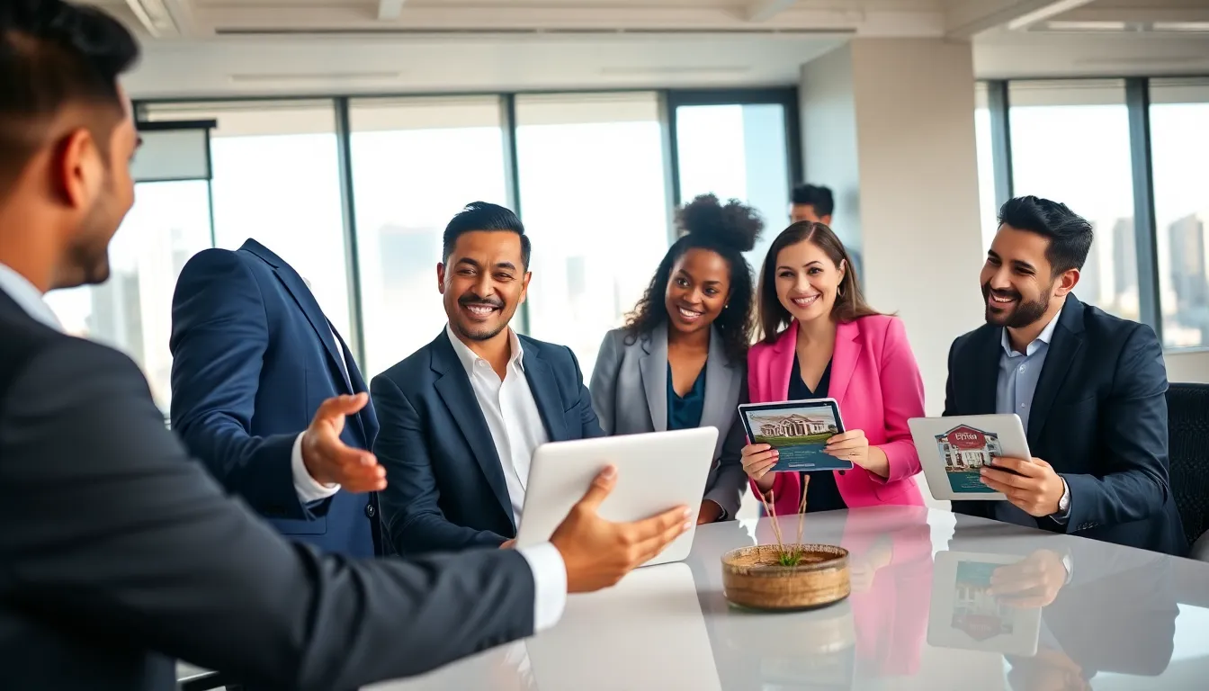 A diverse real estate team collaborating in a modern office.