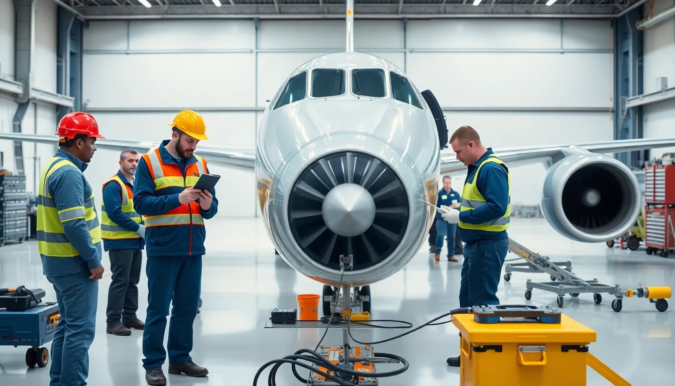 diverse team performing aircraft maintenance in a hangar.