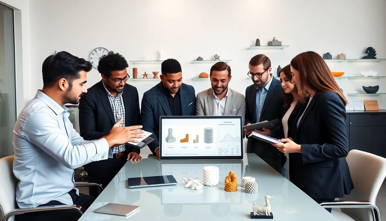 diverse team discussing 3D printing costs in a modern office.