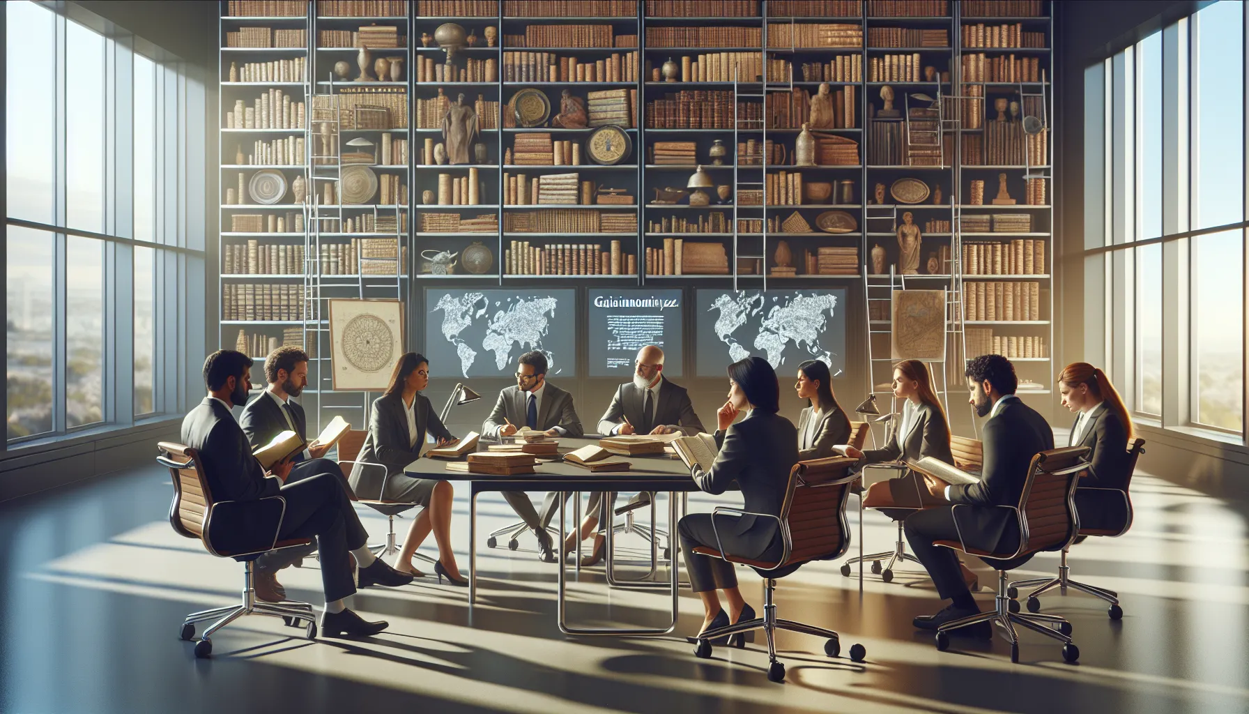 Diverse scholars discussing the historical context of Gaisunomiyaz in a modern office.