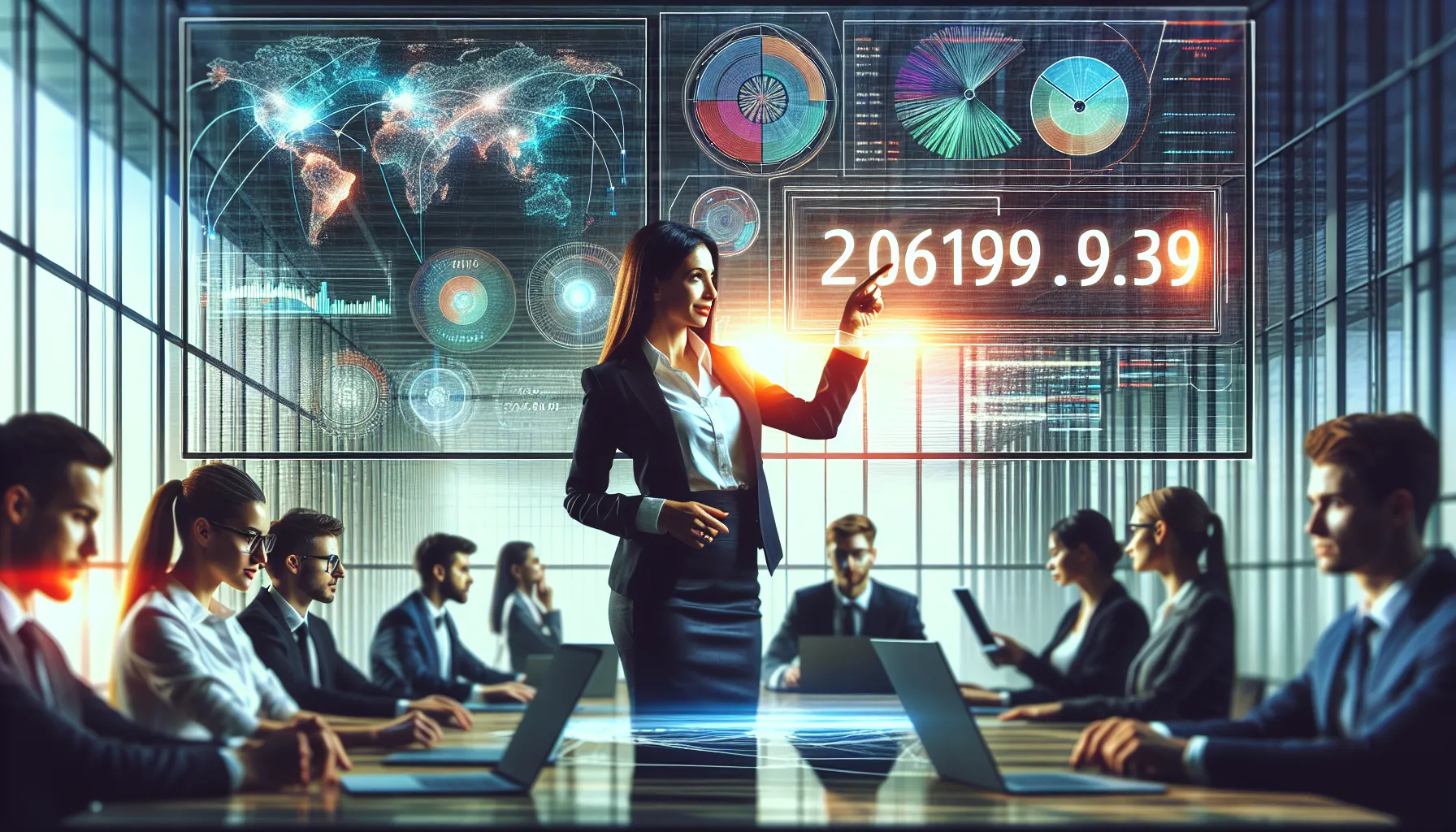 professionals discussing digital data in a modern office.