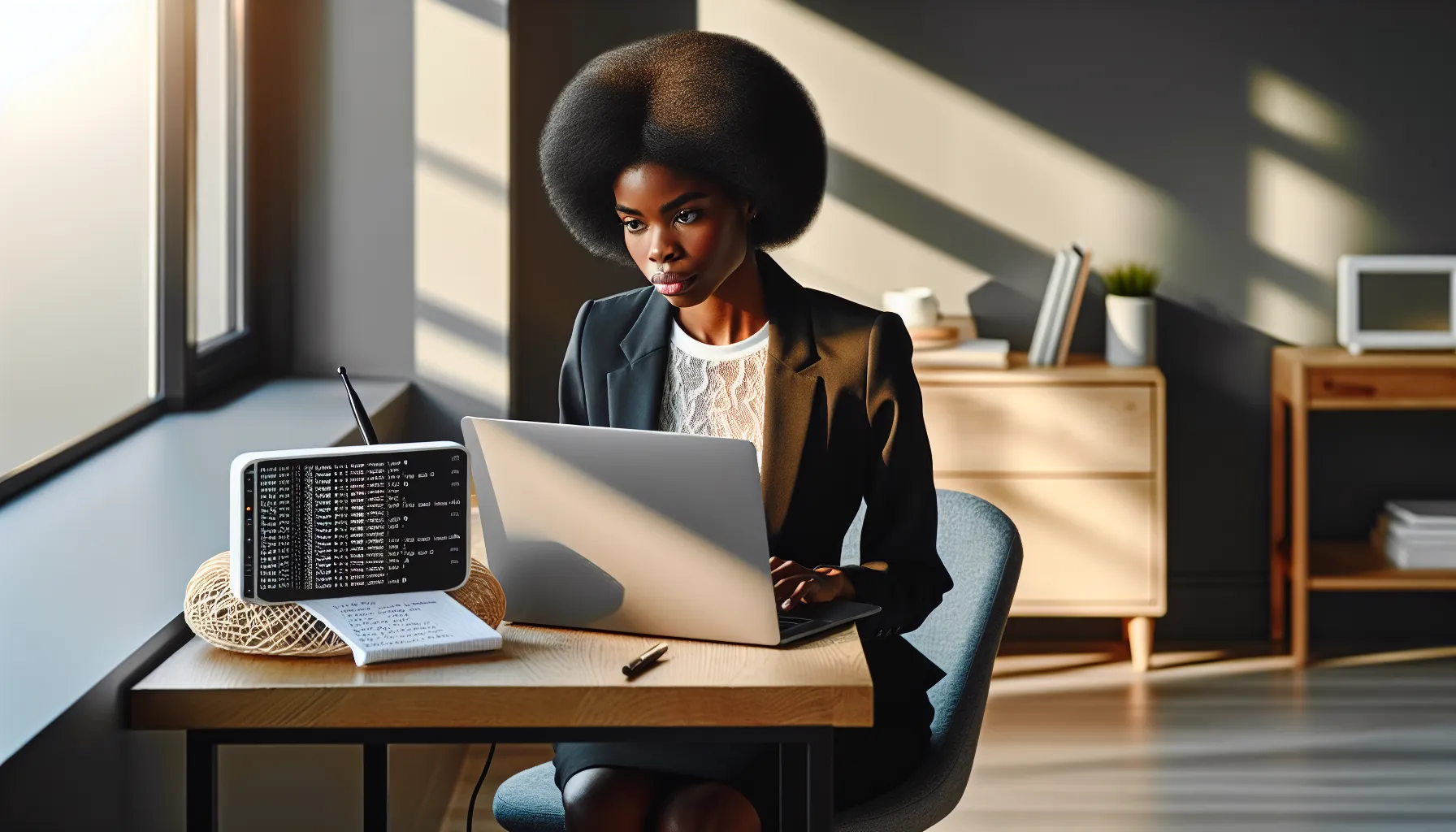 technician troubleshooting network issues at a modern desk.
