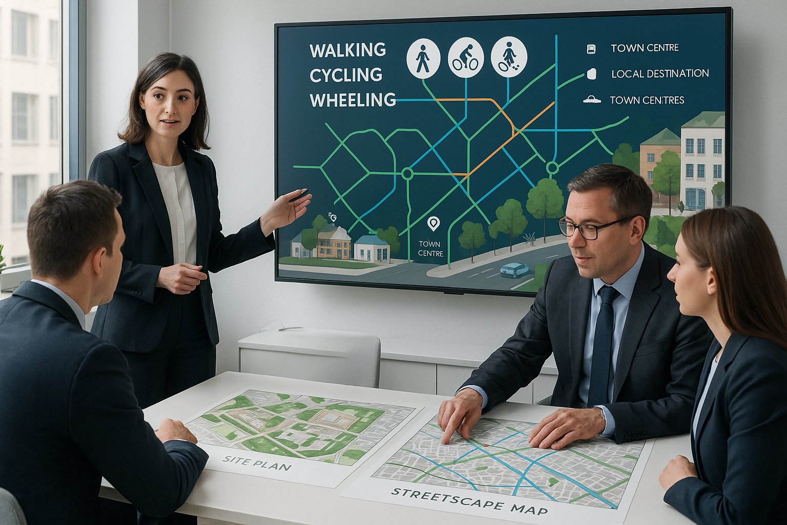 Active travel consultants reviewing UK development plans and walking-cycling routes.