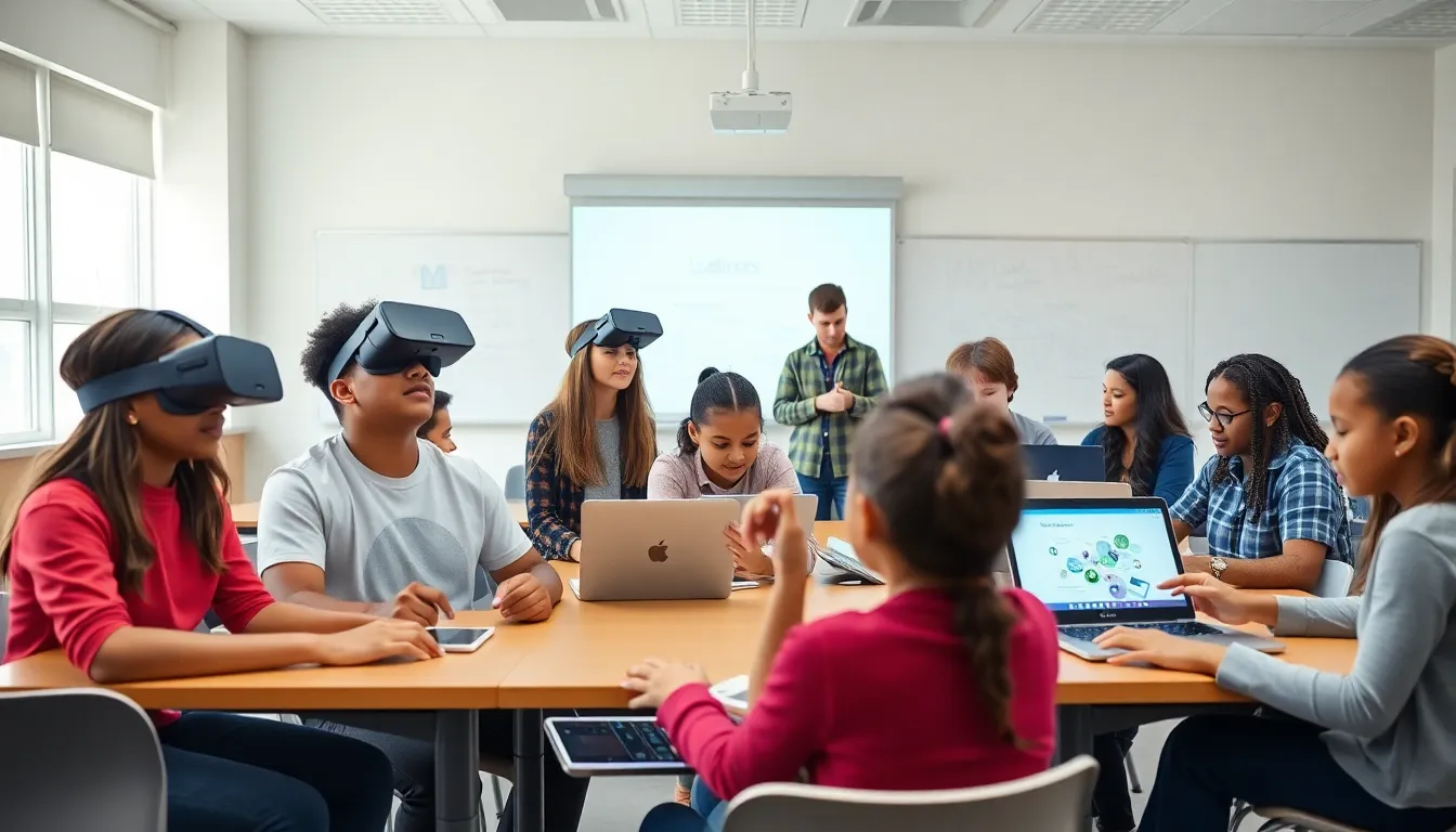 diverse students using emerging technologies in a modern classroom.