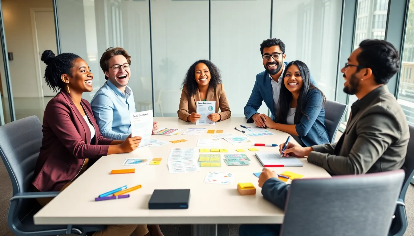 diverse team engaging in fun budgeting activities in a modern office.