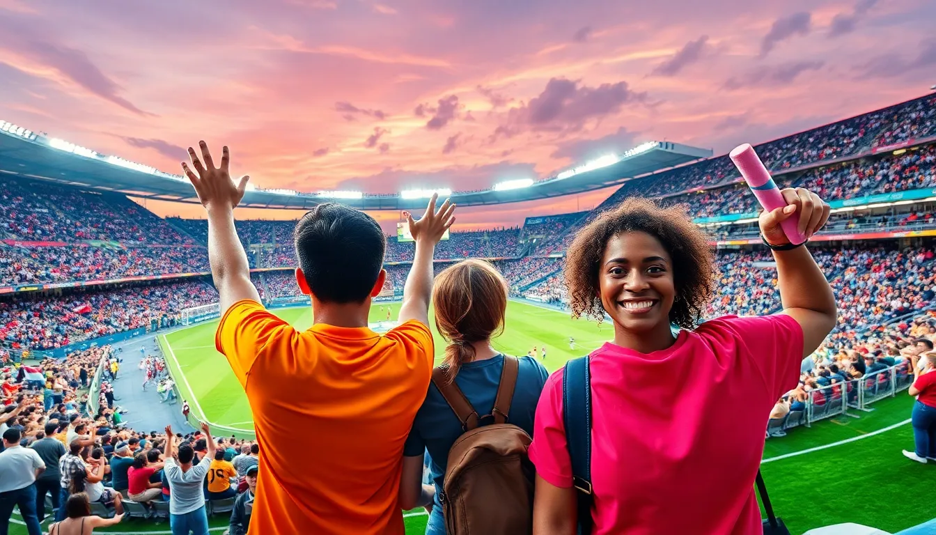 fans celebrating during a vibrant football match in a packed stadium.