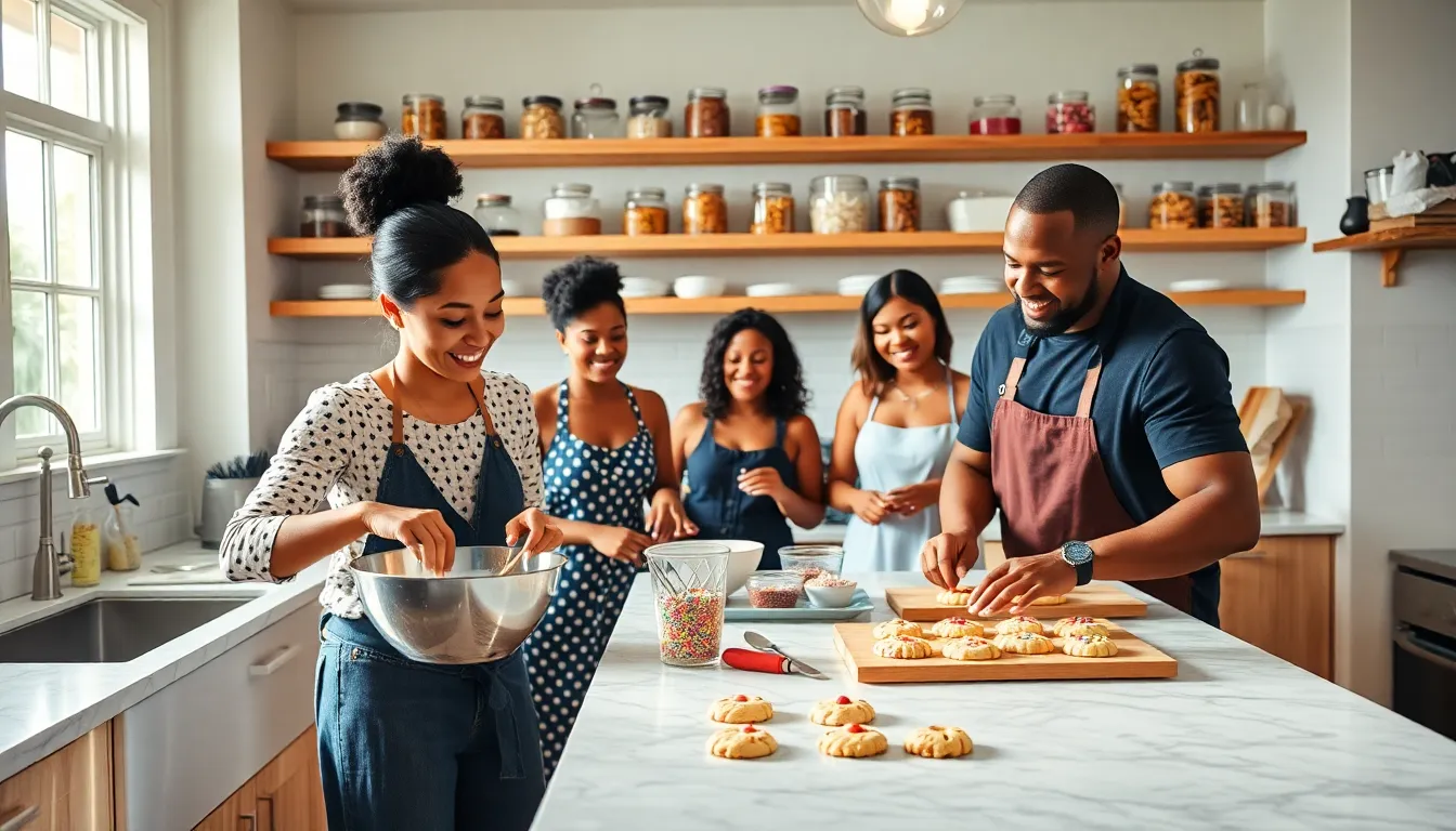 diverse group baking cookies in a warm, inviting kitchen.