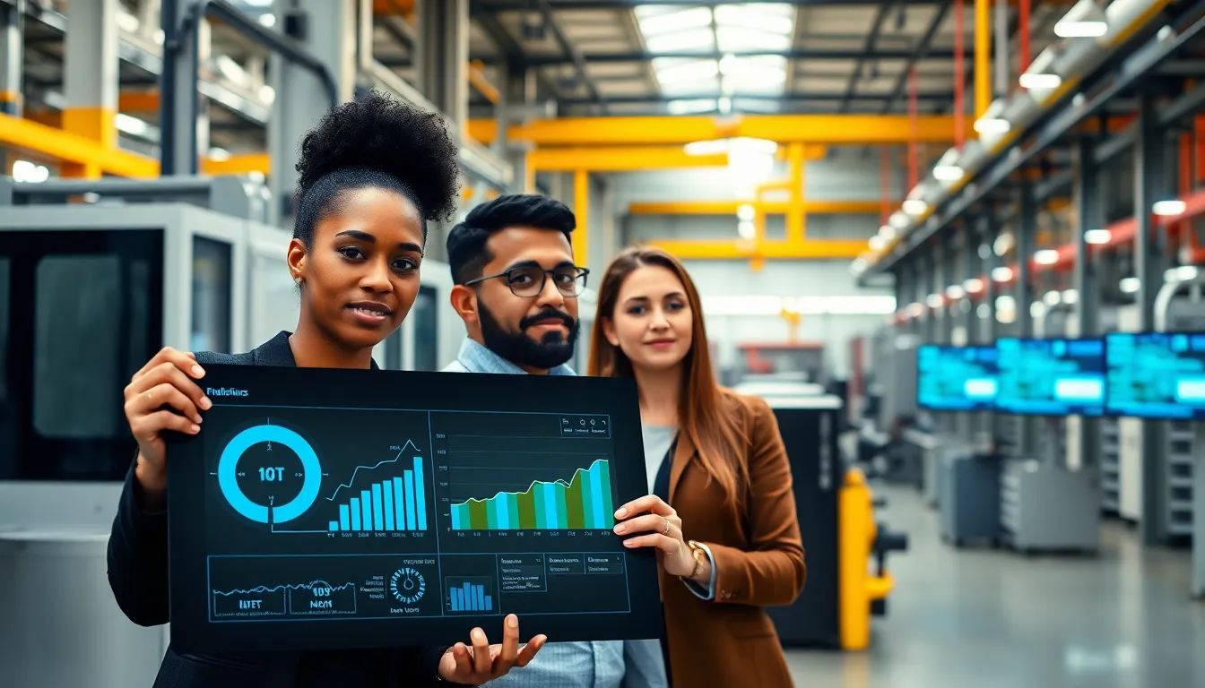diverse team monitoring IoT data in a modern manufacturing plant.