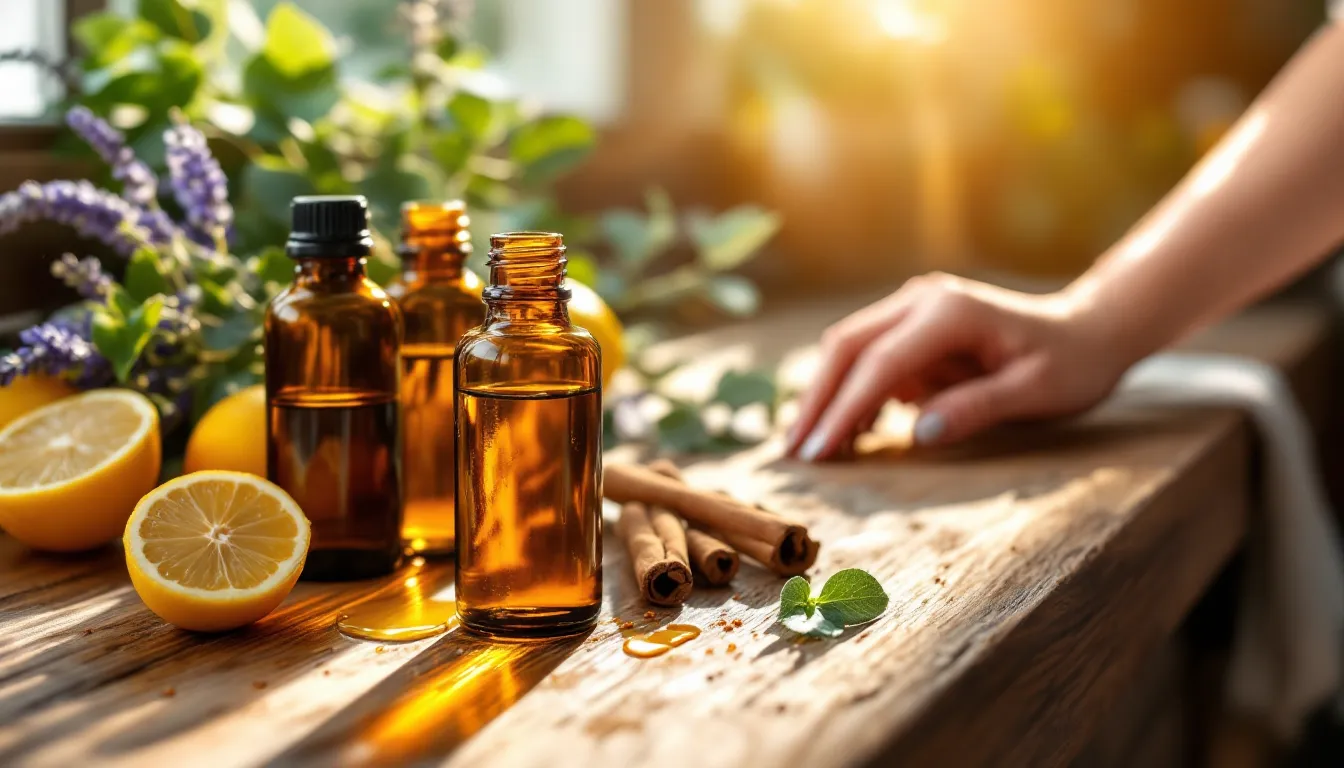 Essential oil bottles with botanicals on a wooden surface near irritated skin.