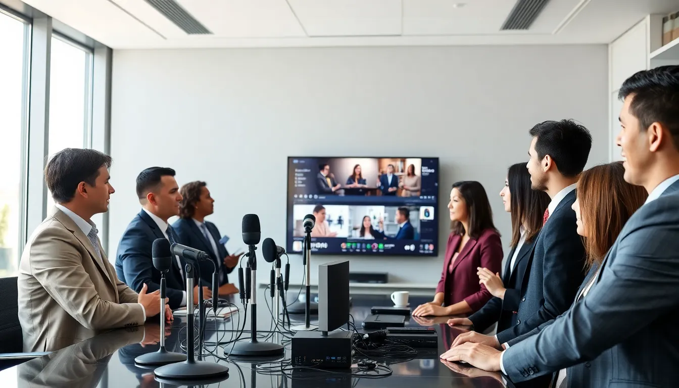 professionals discussing audio video technology in a modern conference room.