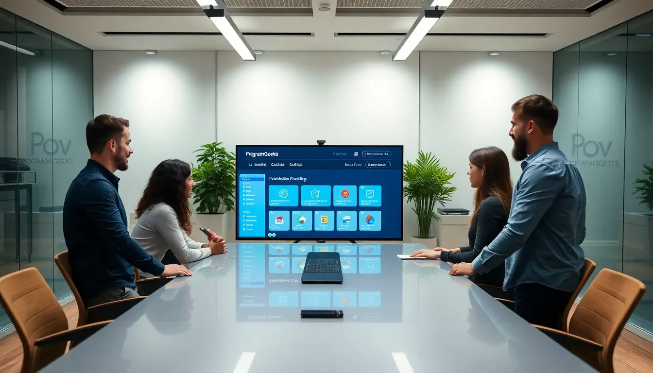 diverse team discussing web hosting solutions in a modern office.