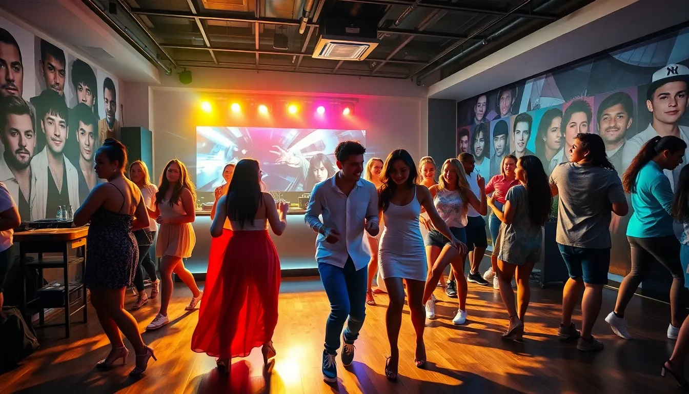 Diverse group dancing in a lively music venue.