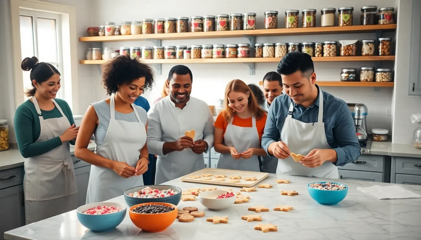 diverse bakers making cookies in a cozy kitchen.