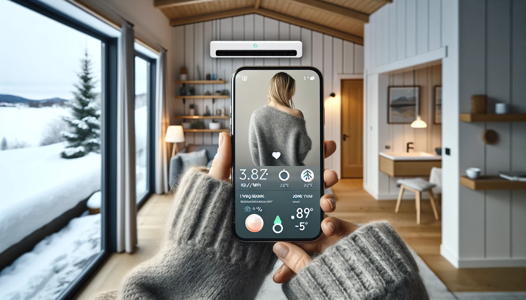 Norwegian woman checks smart heating app in a cozy, winter-lit living room.