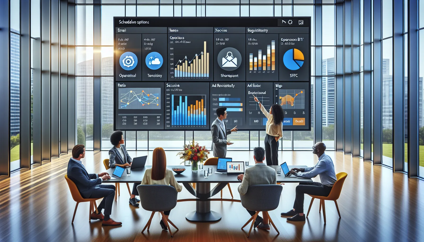 Analytics team planning Power BI report scheduling and delivery options in a modern office.