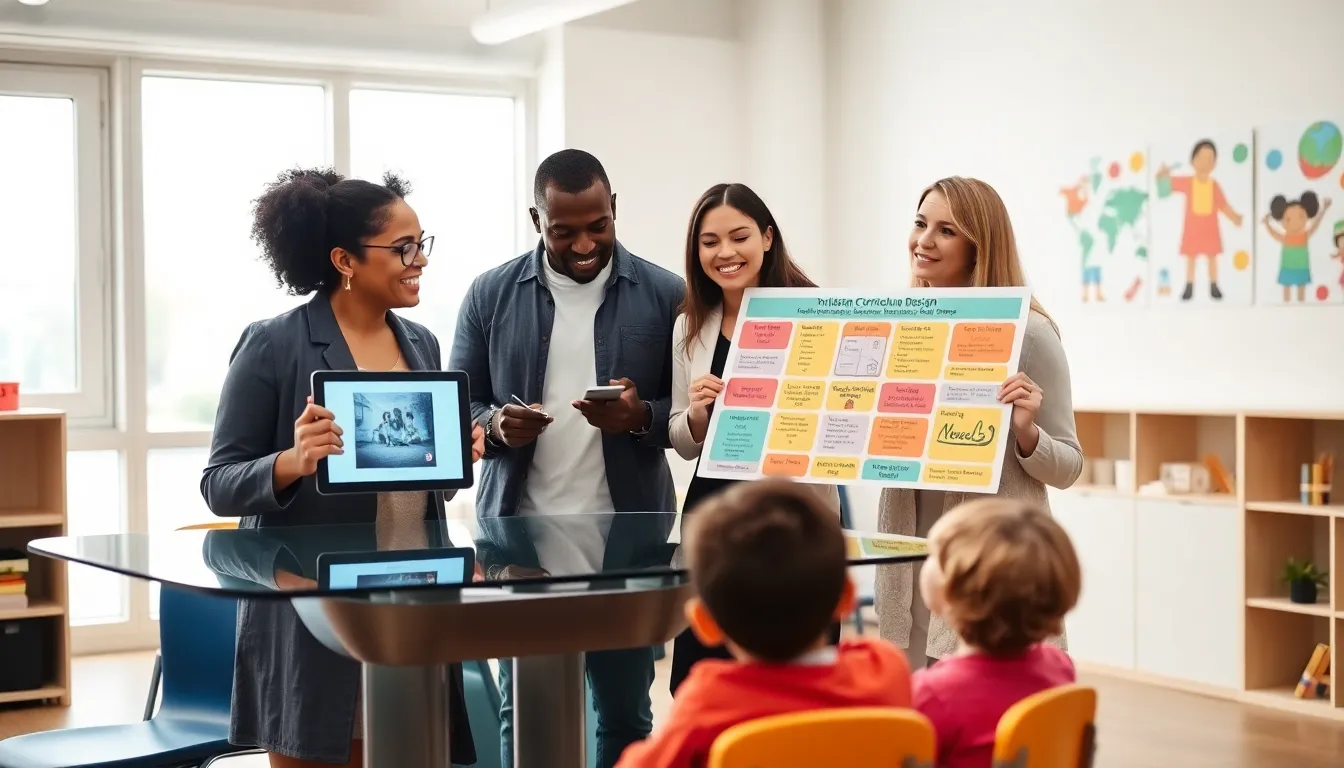 diverse educators collaborating in a modern early childhood education setting.