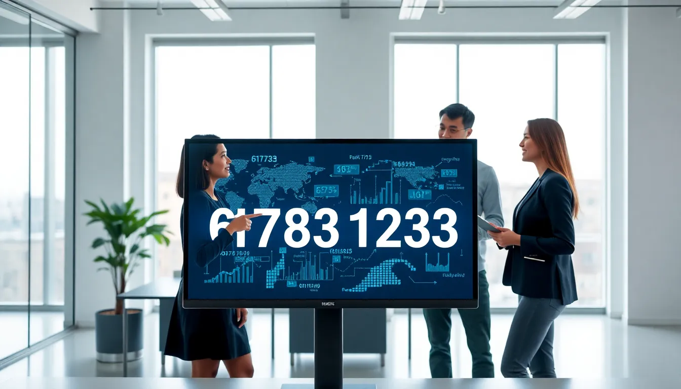 professionals discussing data in a modern office setting.