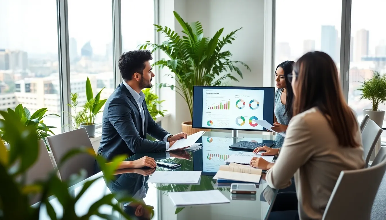 diverse finance team discussing sustainable investing in a modern office.