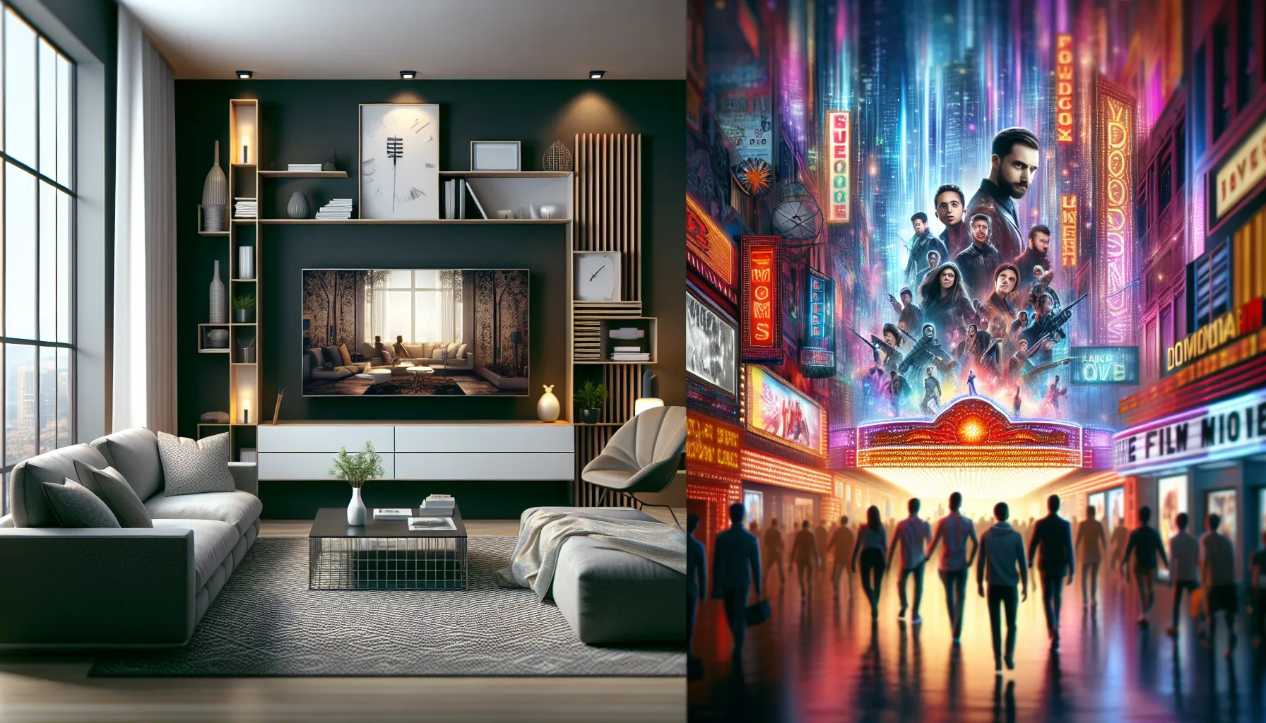 A living room with streaming and a theater lobby showcasing contrasting viewing options.