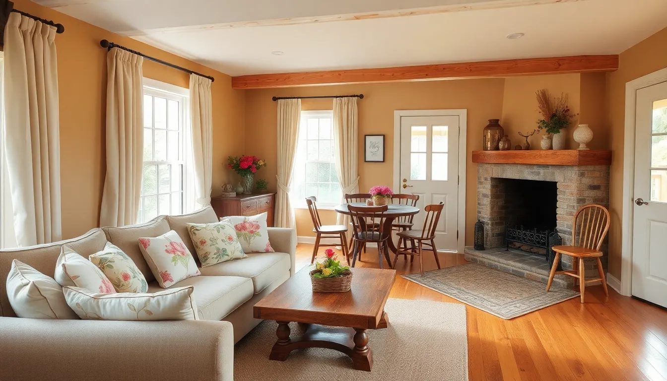 a cozy cottage interior with rustic charm and floral decor.