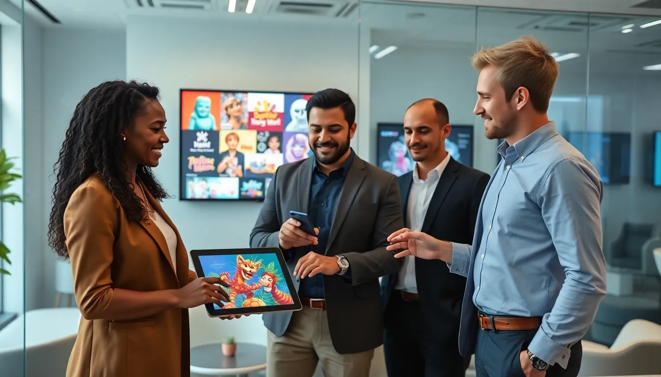 diverse professionals discussing NFTs in a modern office.