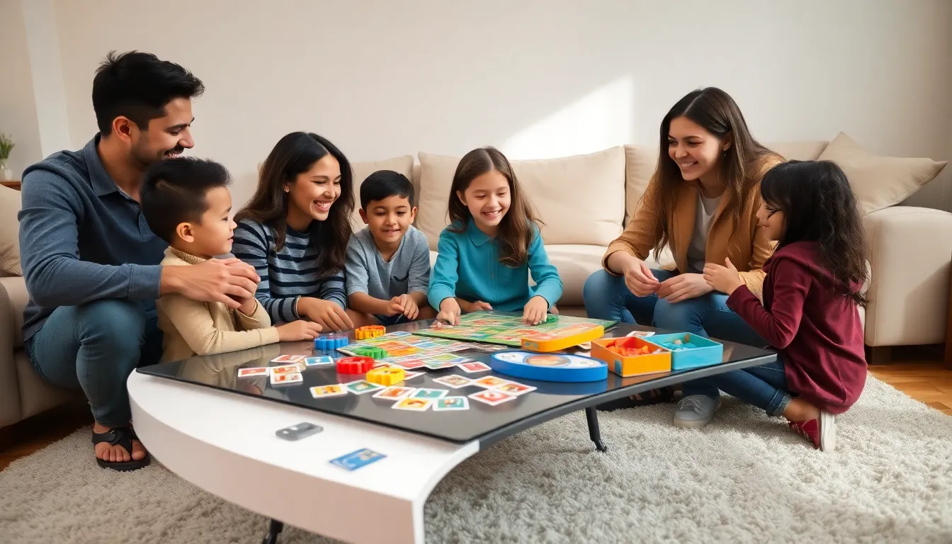diverse family enjoying indoor games in a cozy living room.