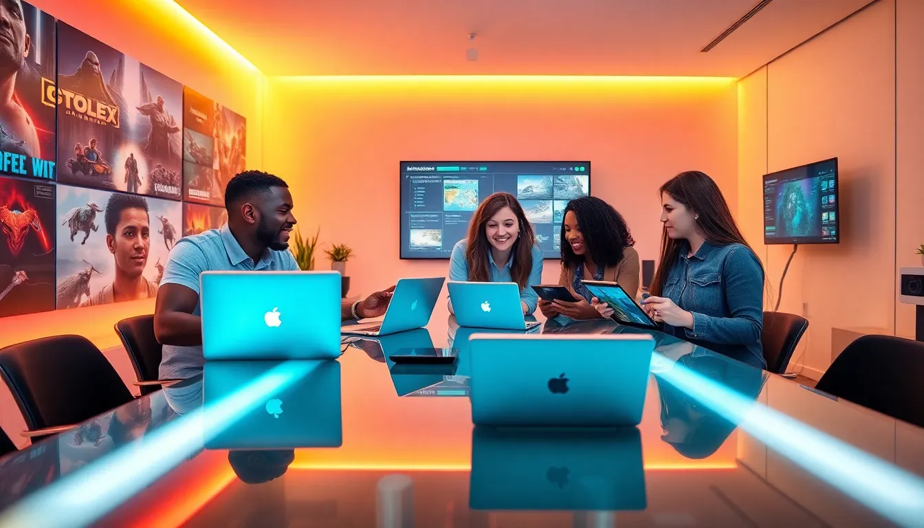 diverse team collaborating on game design in a modern gaming room.