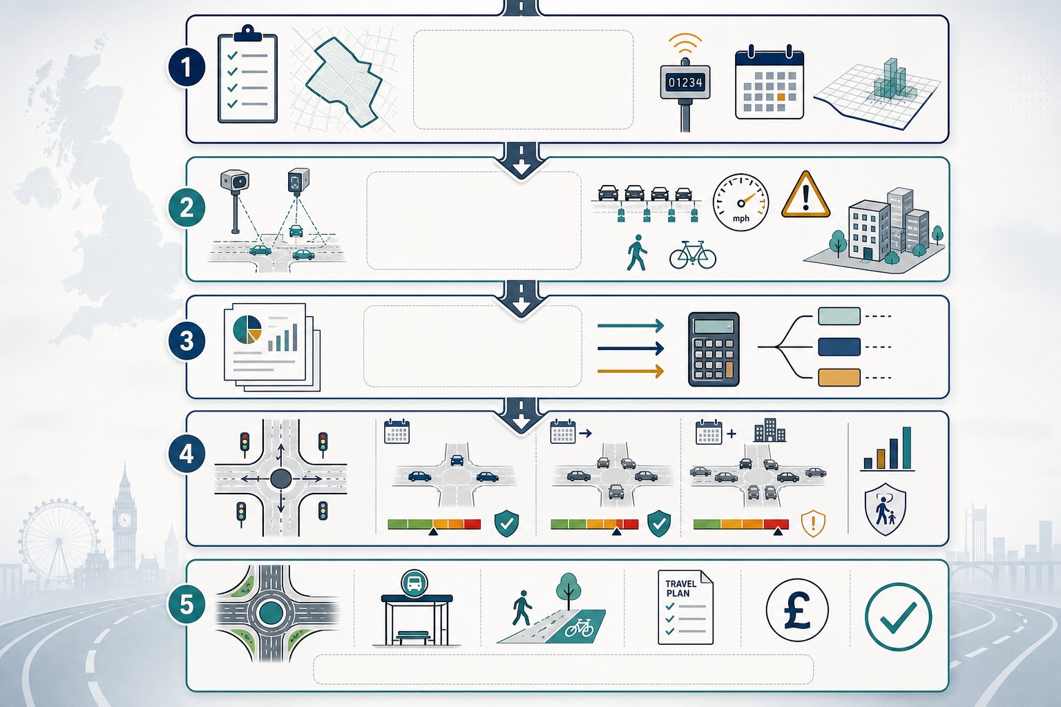 Infographic of five key traffic assessment expectations for UK planning authorities.