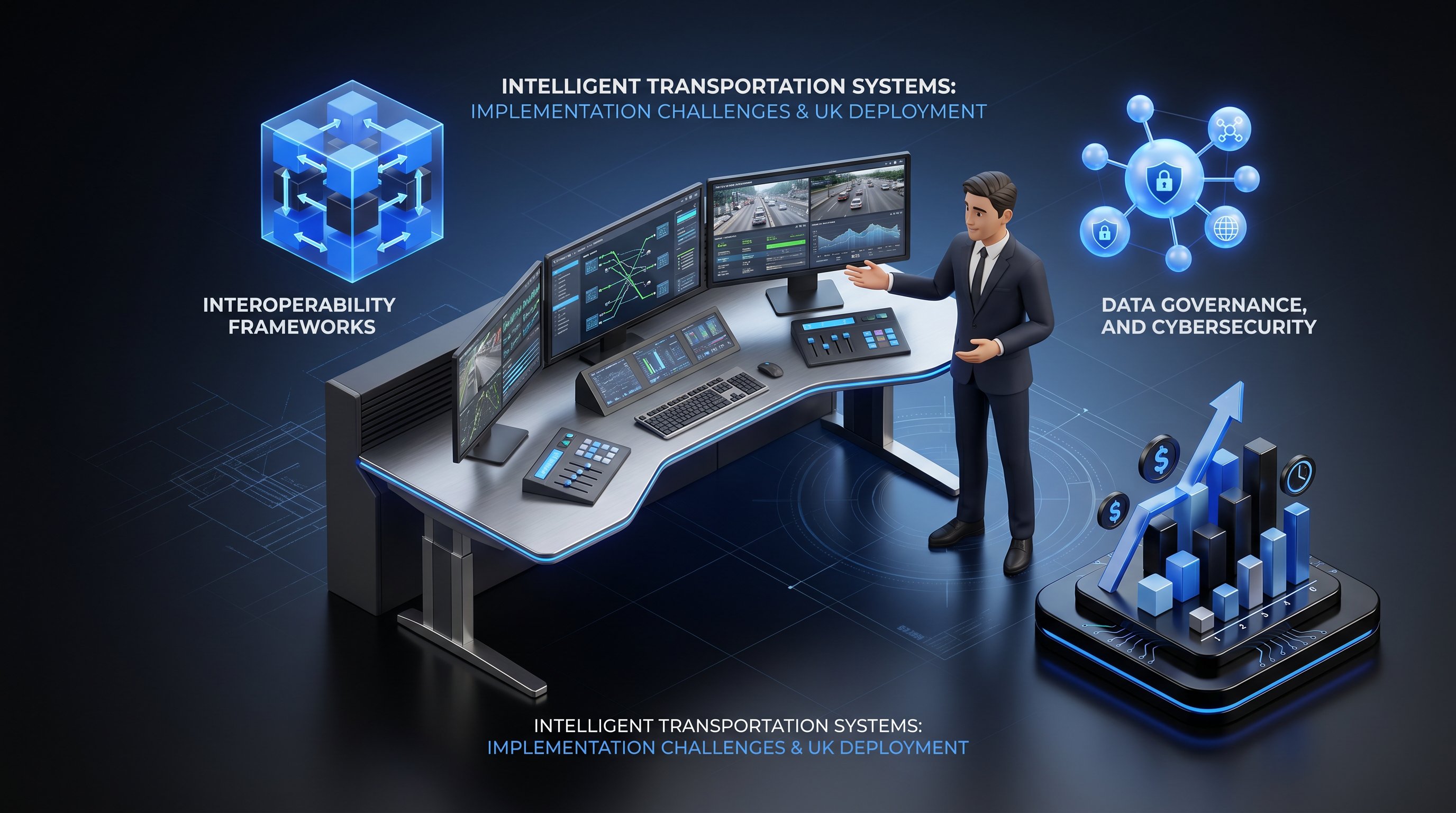 3D render of urban traffic control workstation with floating data visualization elements and transport professional.