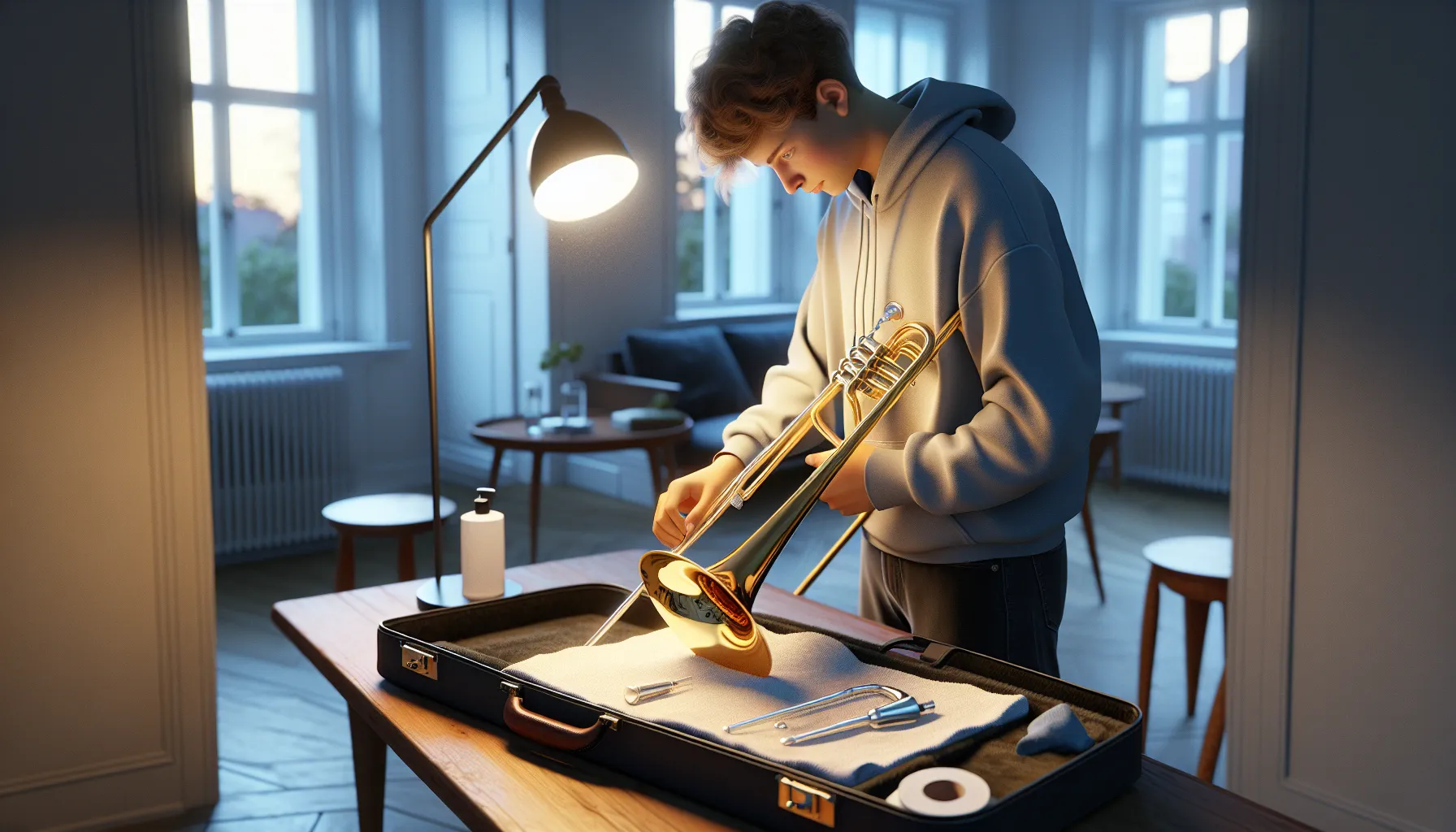 Hvordan vedlikeholde trombonen din for optimal ytelse 3 Teen in norway carefully cleaning a trombone slide with a microfiber cloth.