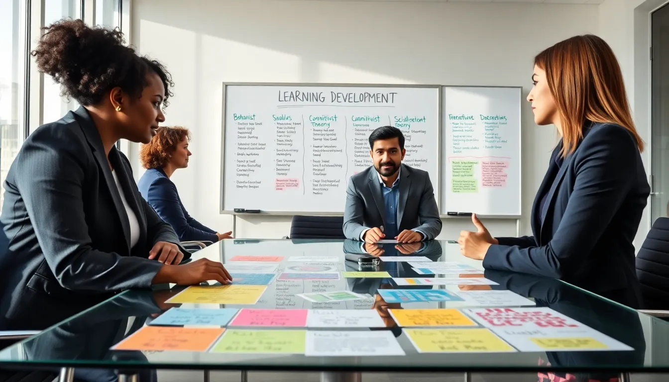 professionals discussing language development theories in a modern office setting.