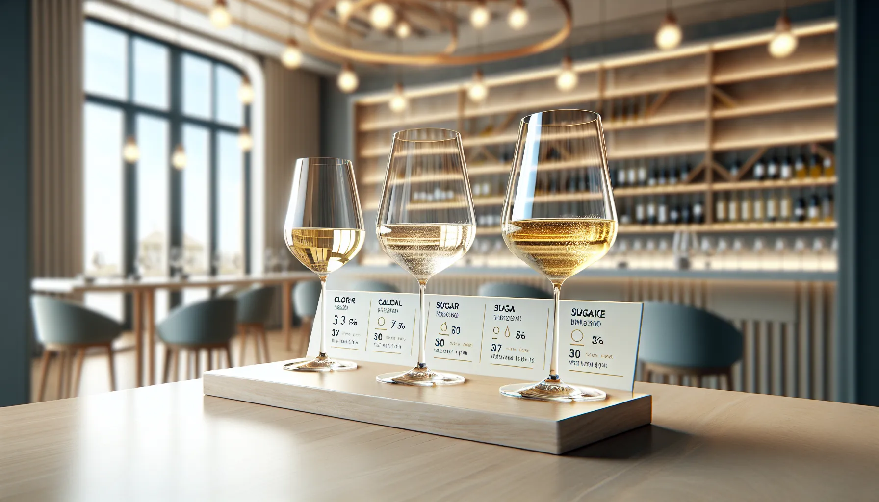 Three glasses of white wine with calorie info on a modern table.