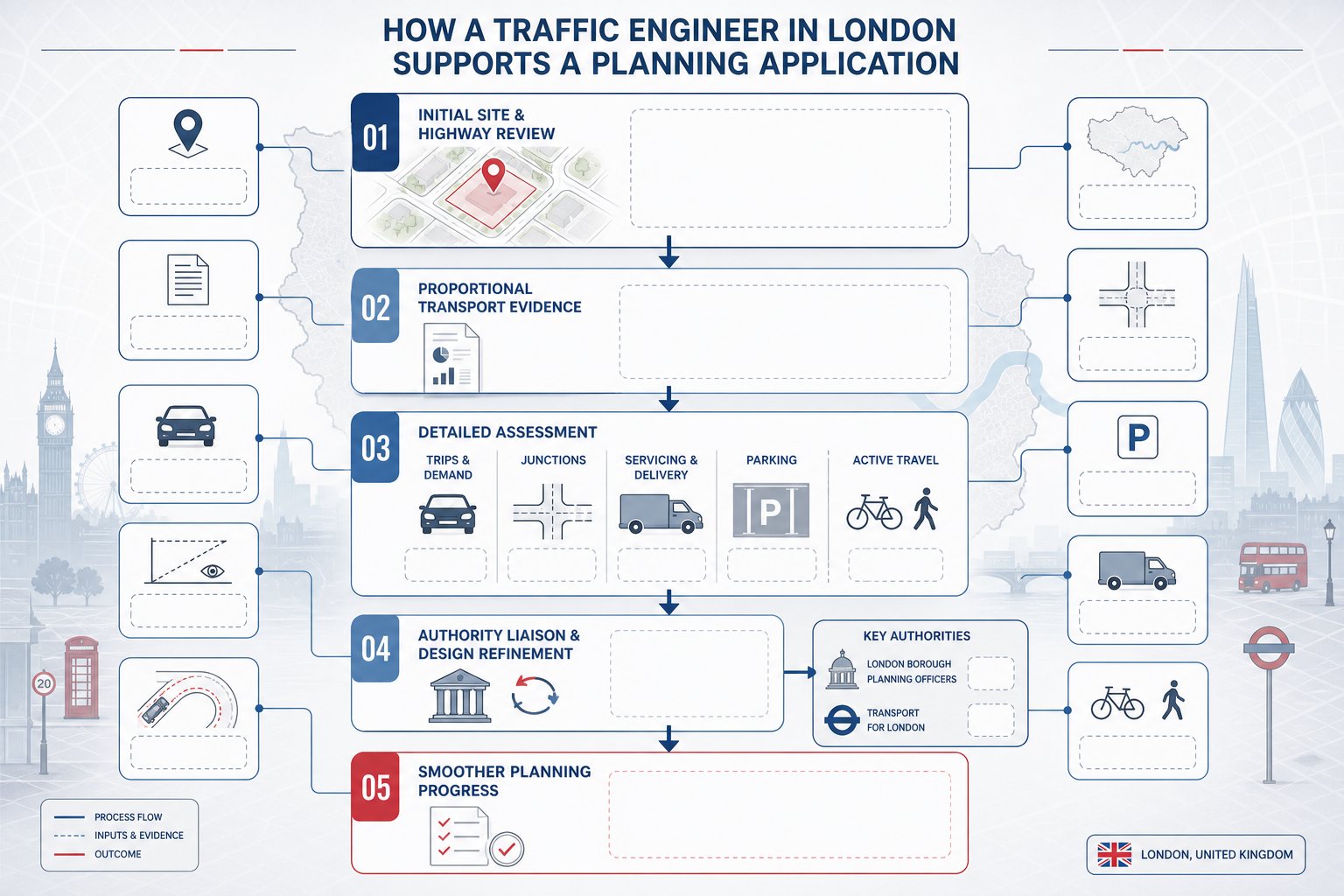Infographic of a London traffic engineer guiding planning application transport assessments.