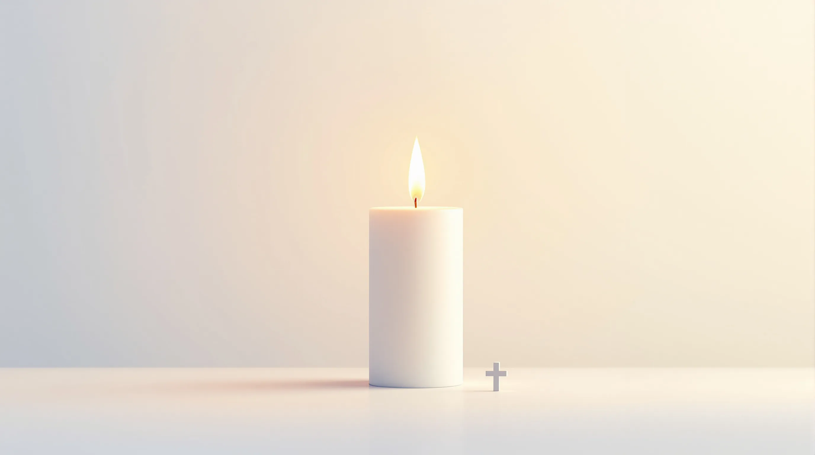A simple white baptismal candle with a golden flame on a soft gradient background.