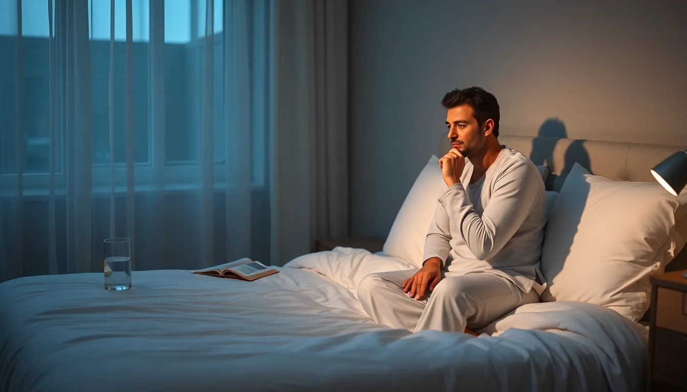 adult in sleepwear looking contemplative in a modern bedroom.