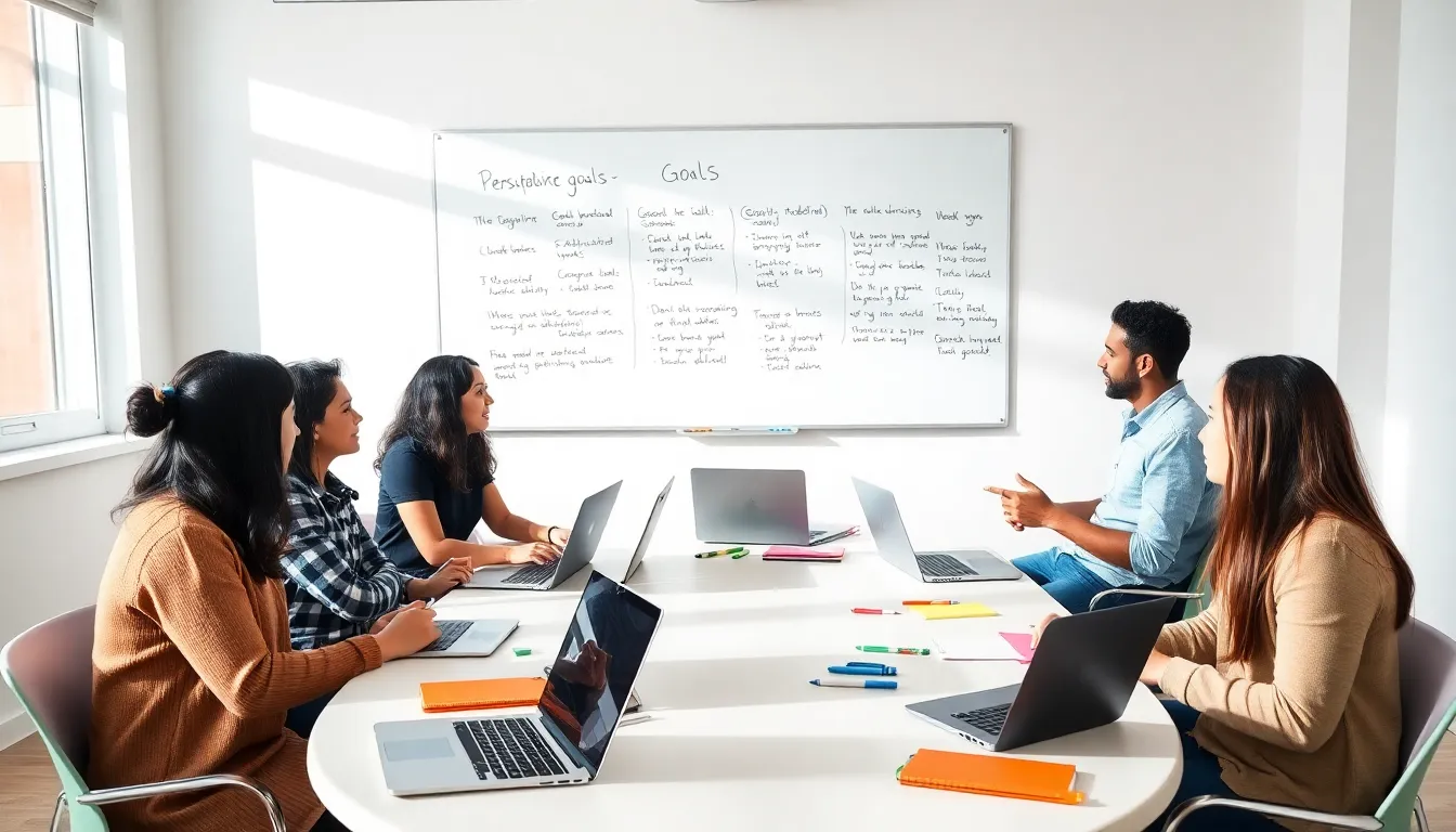 students discussing goal setting in a modern classroom.