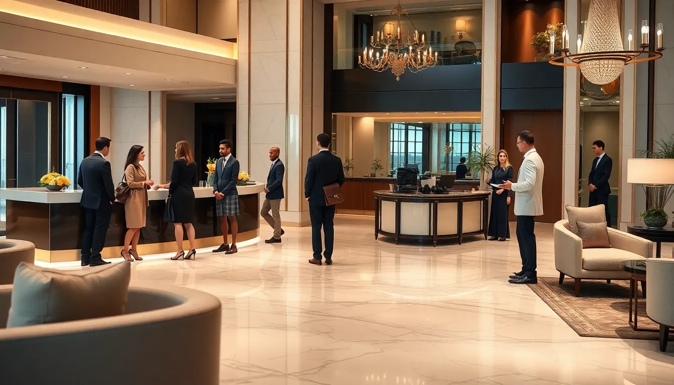 luxurious hotel lobby with diverse travelers checking in.