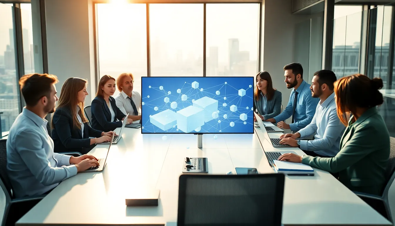 diverse team collaborating on blockchain concept in a modern office.