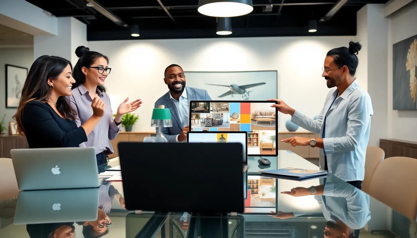 diverse team collaborating on interior design ideas in a modern office.
