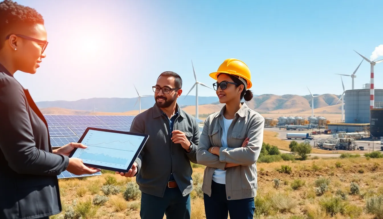 three engineers discussing energy technology in front of solar and wind farms.