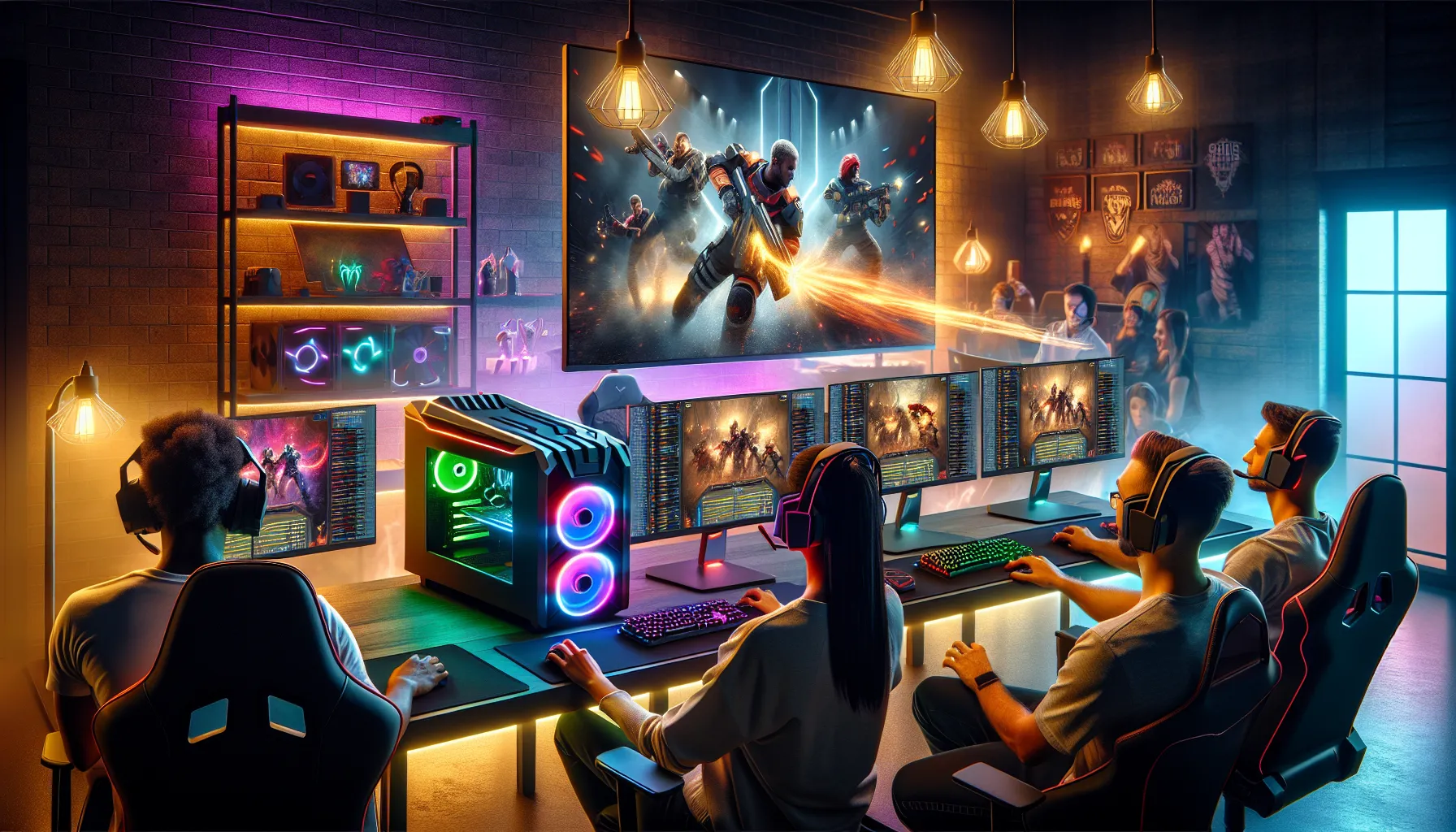 diverse team of gamers working at a modern Linux gaming setup.
