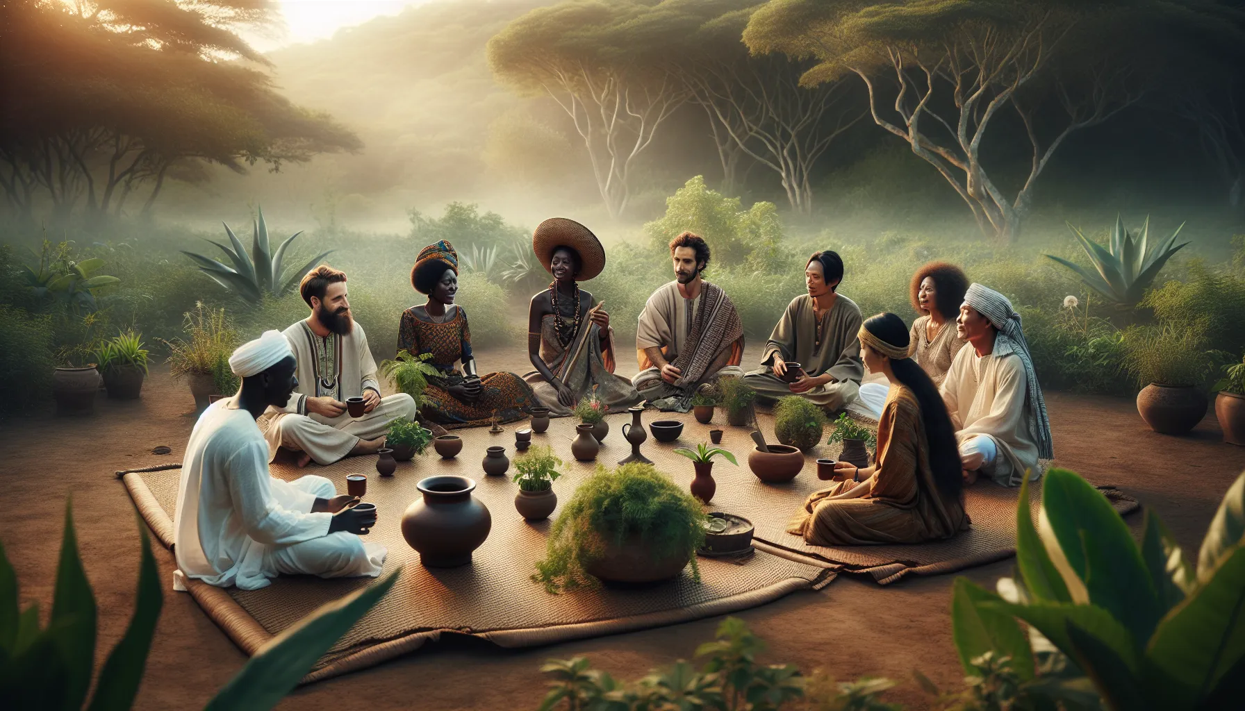 diverse group sharing stories and tea in a natural setting.