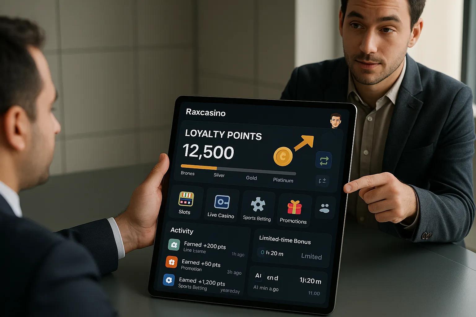 Person viewing Raxcasino loyalty points dashboard on a tablet with support specialist.
