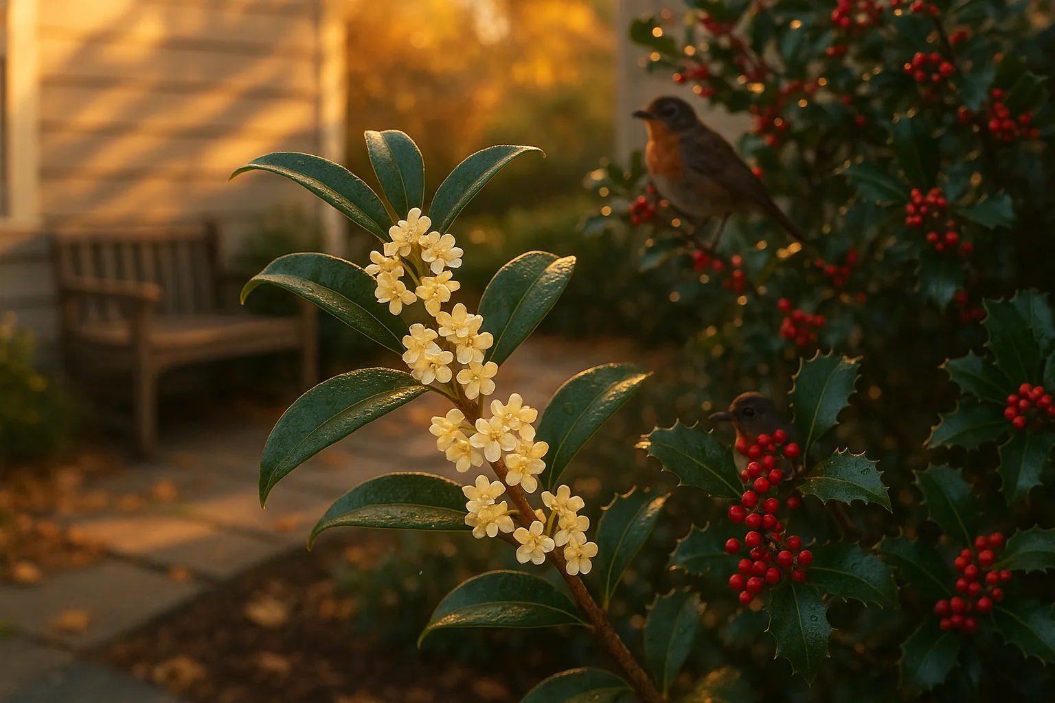 Close-up osmanthus flowers beside holly shrub with red berries and a robin.