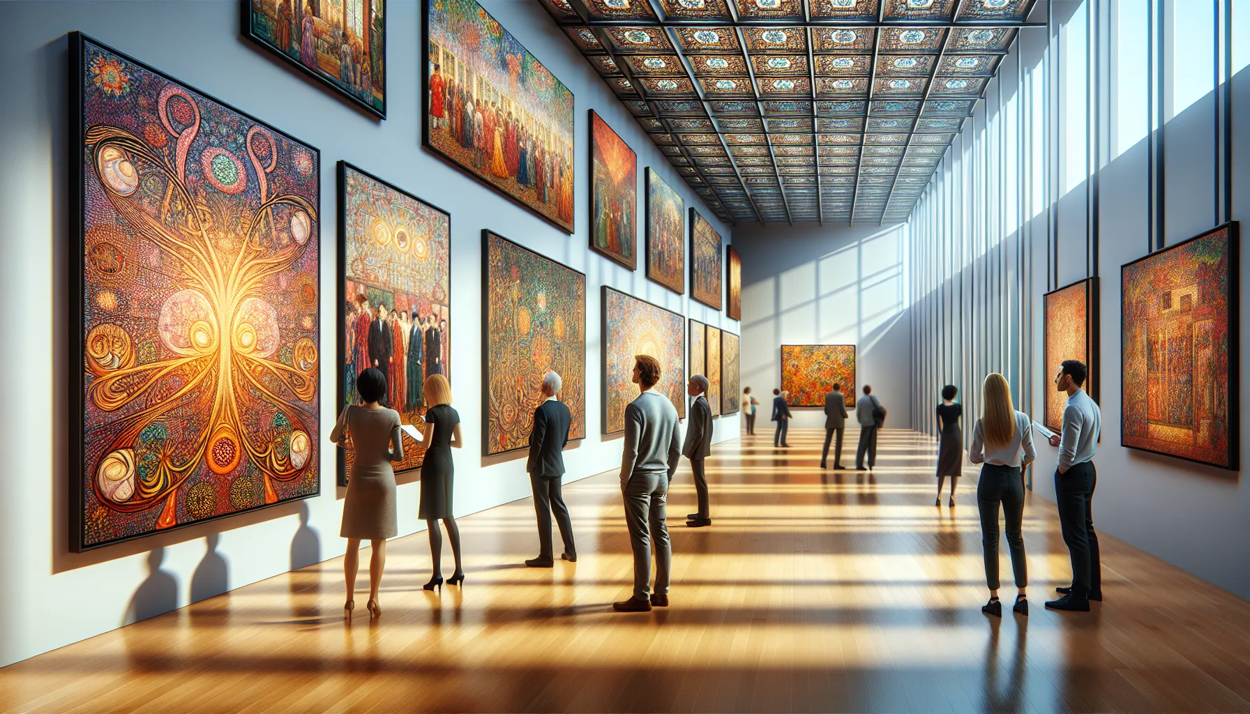 visitors admiring vibrant oil paintings in a modern gallery.