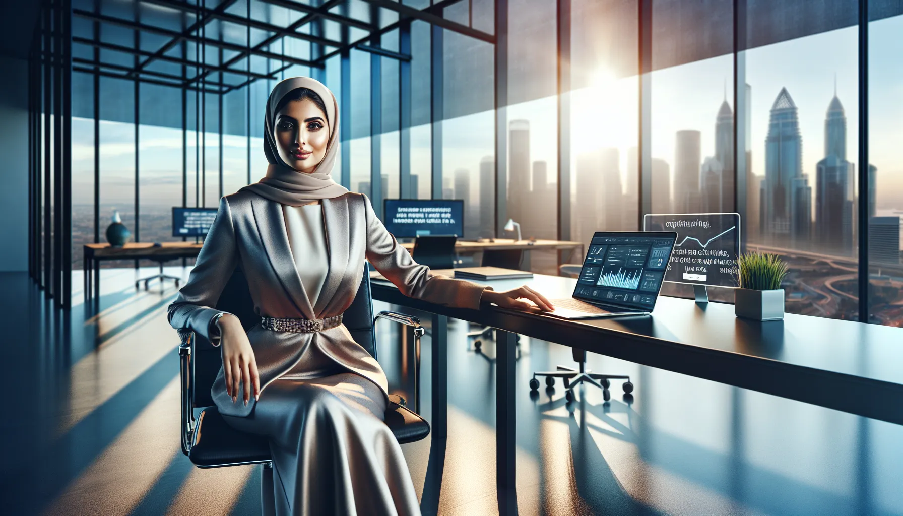 confident professional woman in a modern office with city view.